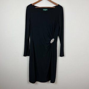 Lauren Ralph Lauren Dress 14 Black Sheath Ruched Broach Long Sleeve Flattering